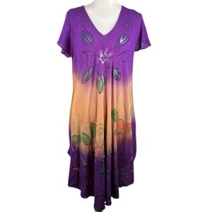 Sunflower Purple Boho Summer Spring Art to Wear Lagenlook Indie Dress Size Med